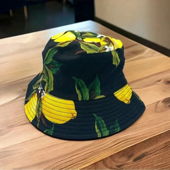 Boutique Black Lemon Print Fully Reversible Bucket Hat OSFM - Picture 4 of 6